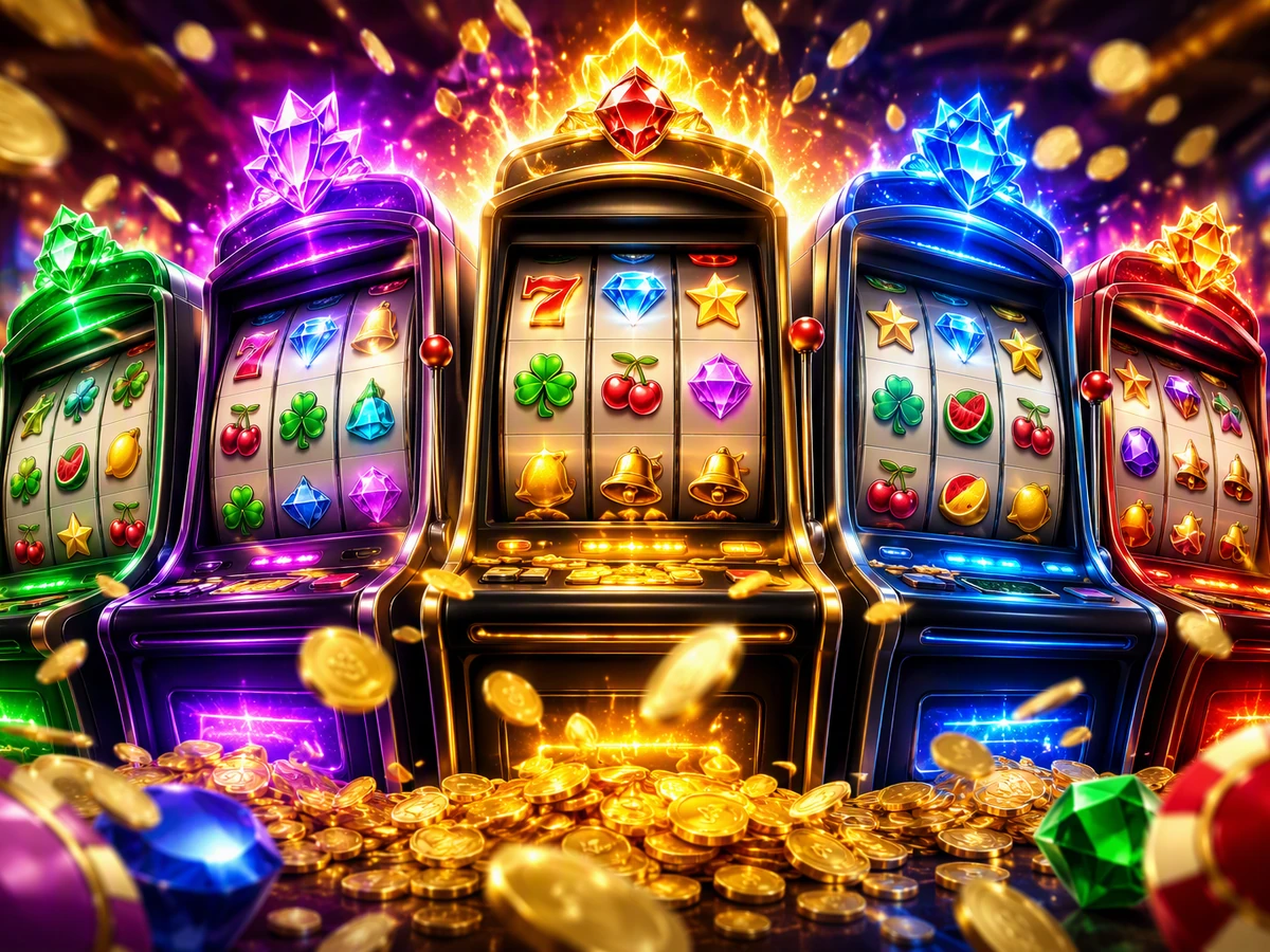Tampilan permainan slot dengan reel dan simbol berwarna